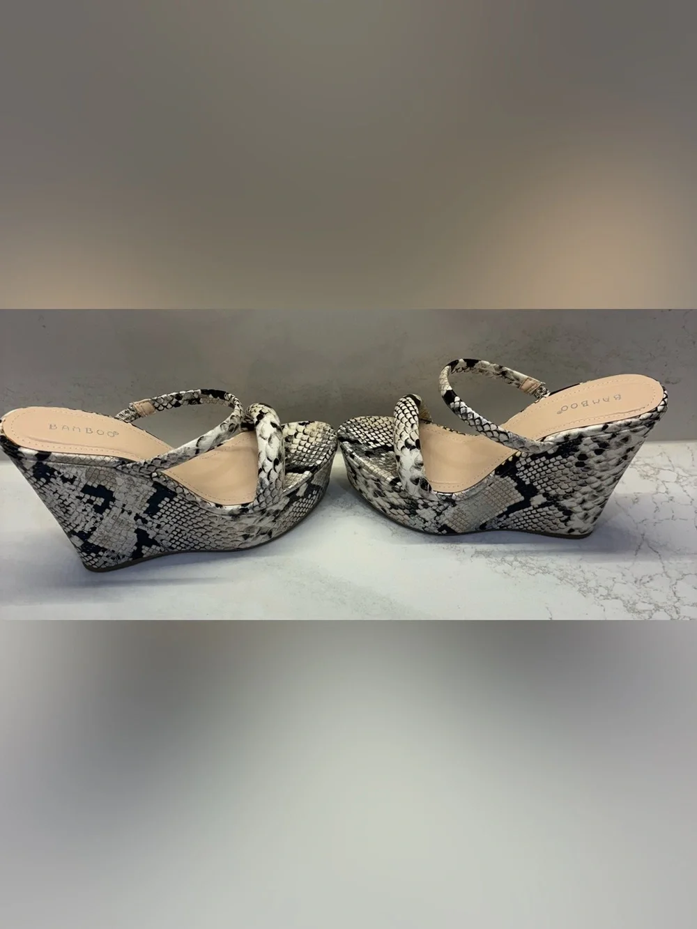 BAMBOO Snake-Print Platform Sandals in Black & White